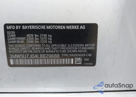 2020 BMW 3 Series M340I из США, поврежденный, VIN 3MW5U7J04L8B29688